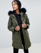 Esprit Faux Fur Hood Contrast Detail Parka - Green