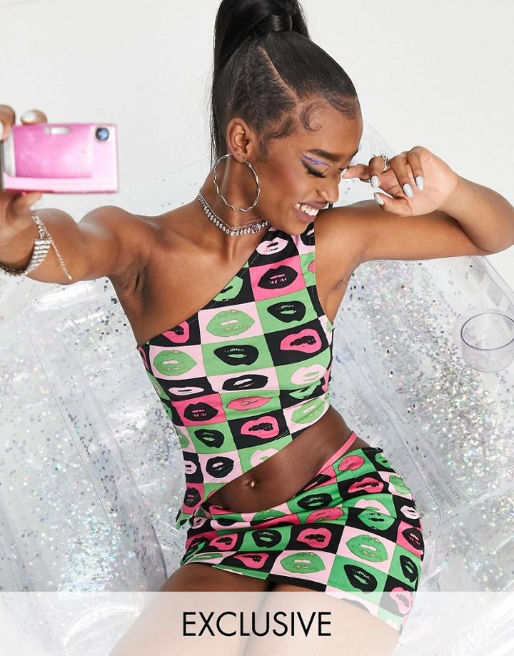 Motel One Shoulder Asymmetric Crop Top In Retro Lip Print-multi