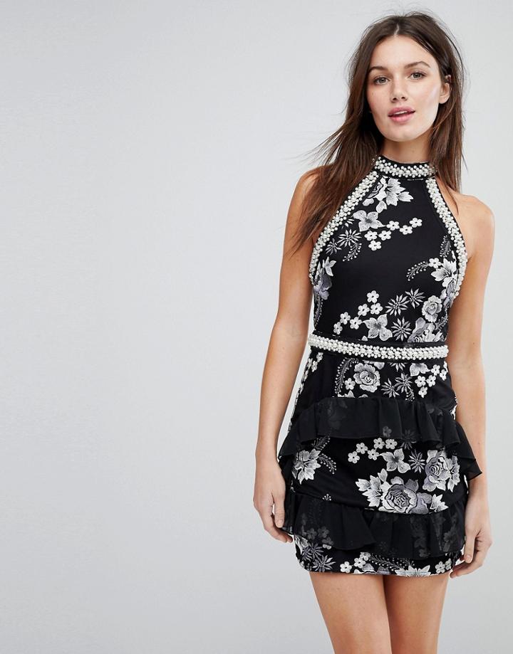 Prettylittlething Premium Embellished Halterneck Dress - Black