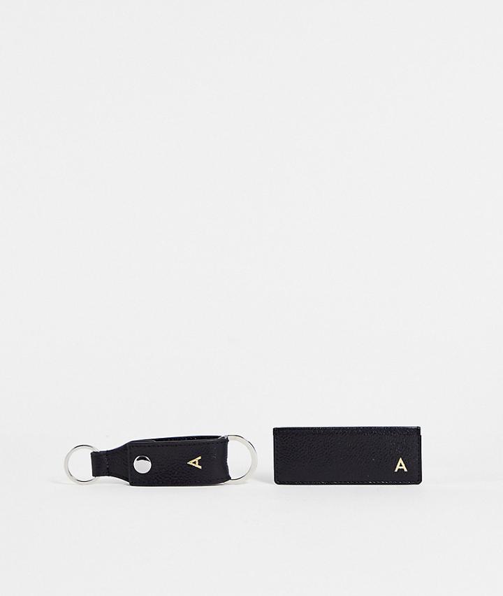Asos Design Keyring And Card Holder Set In Leather With A Initial-black