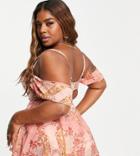 Asos Luxe Curve High Waisted Bikini Bottom With Skirt Overlay In Scarf Print-purple