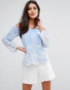 Lipsy Off Shoulder Top In Embroidered Cutwork Lace - Blue