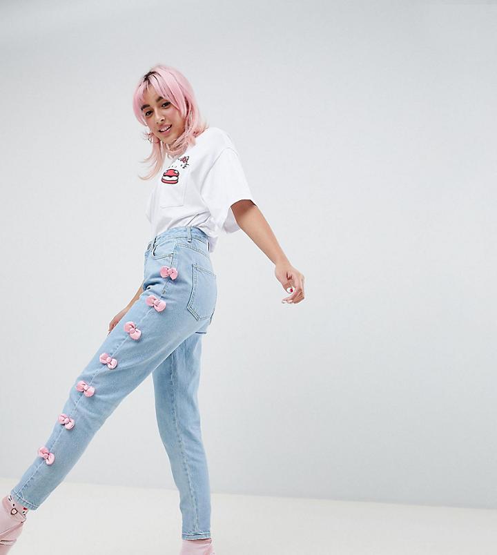 Hello Kitty X Asos Design Jeans With Satin Bow Detail - Blue