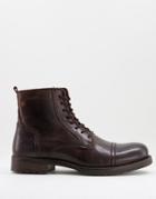 Jack & Jones Laceup Tall Boots With Fleece Lining In Brown Leather