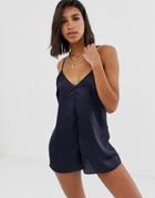 Asos Design Satin Strappy Romper - Navy