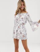 En Creme Floral Bardot Romper With Lace Inserts-white