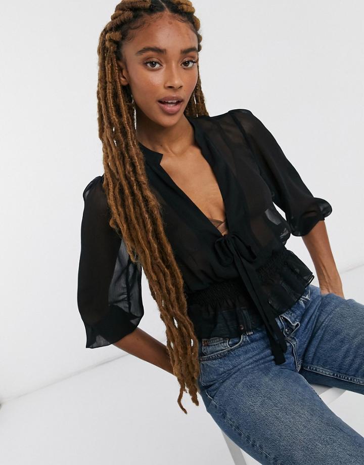 Asos Design Sheer Long Sleeve Top With Shirred Waist In Black