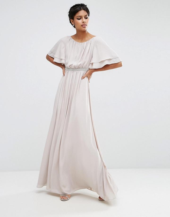 Asos Flutter Sleeve Maxi Dress With Embellished Waist Trim - Gray