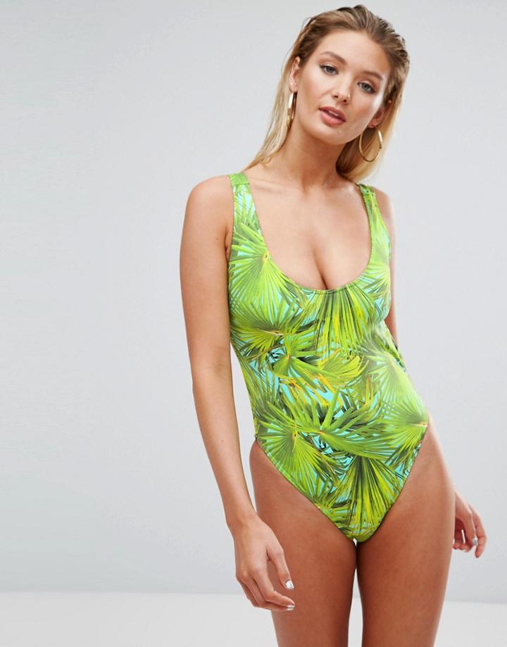 Asos Fuller Bust Exclusive Sunny Palm Print High Leg Scoop Neck Swimsuit - Multi