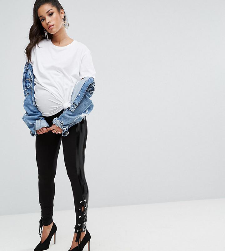 Asos Design Maternity Under The Bump Leggings With Vinyl Panel And Lace Up Detail-black