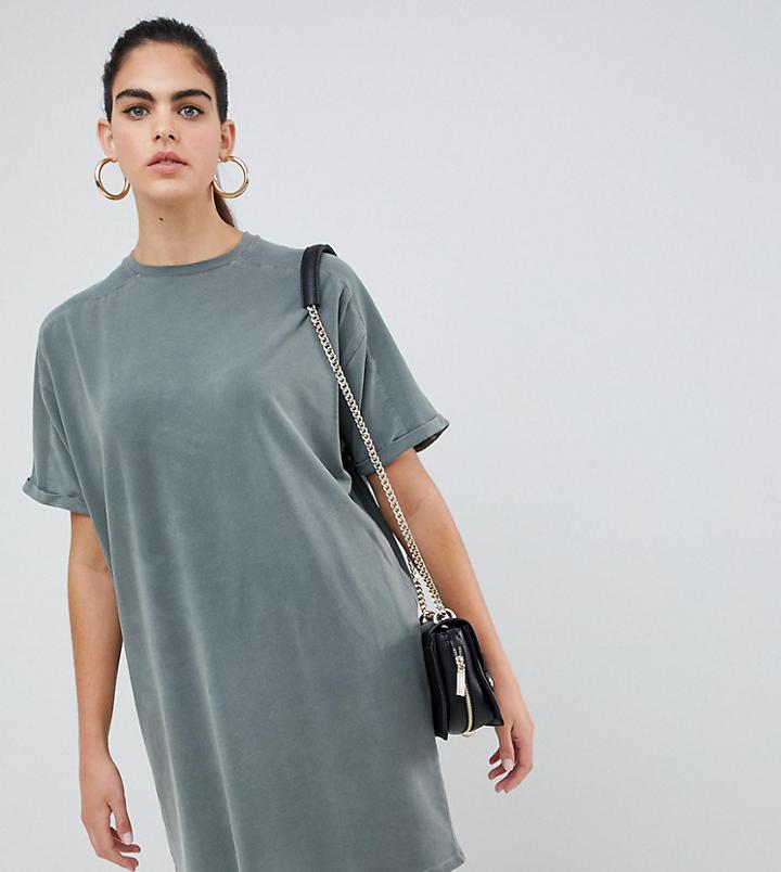 Asos Design Tall T-shirt Dress With Rolled Sleeves And Wash - Green