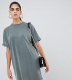 Asos Design Tall T-shirt Dress With Rolled Sleeves And Wash - Green