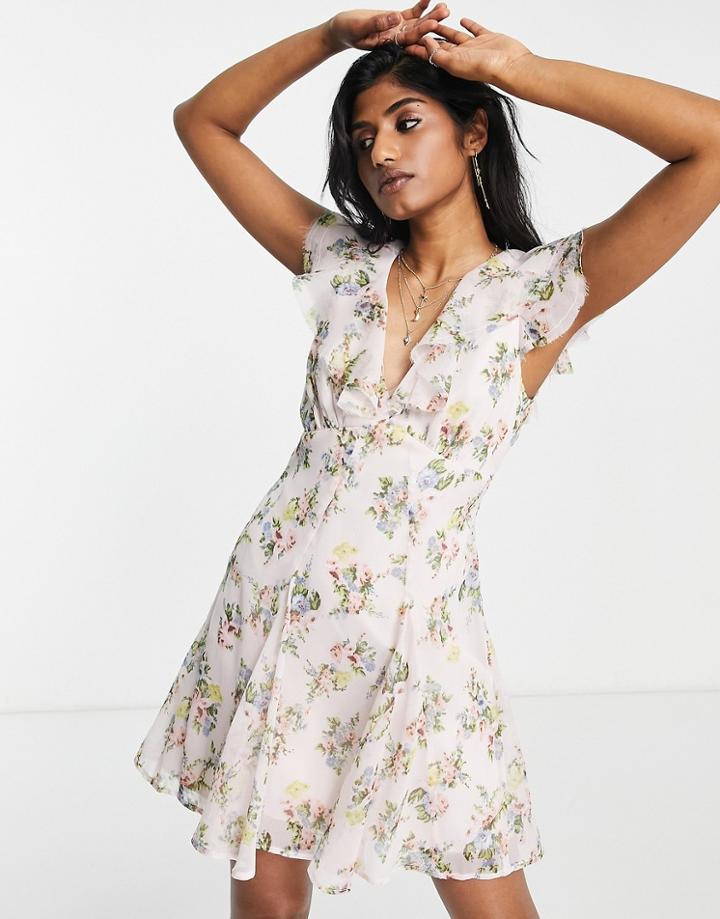 Asos Design Frill Neck Mini Dress With Godet Skirt In Pink Floral Print-multi
