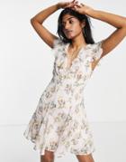 Asos Design Frill Neck Mini Dress With Godet Skirt In Pink Floral Print-multi