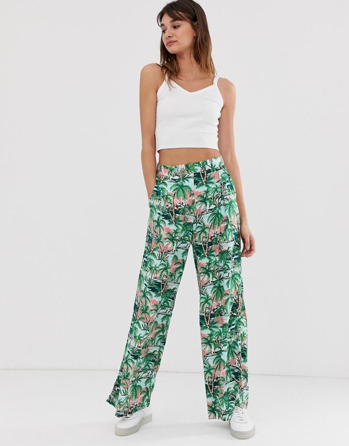 Monki Hawai Print Wide Leg Pants In Green - Multi