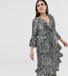 Outrageous Fortune Plus Ruffle Wrap Midi Dress With Fluted Sleeve In Giraffe Print-multi