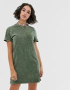 Bershka Mini Acid Wash Dress In Khaki-green