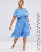 Asos Curve Flutter Sleeve Ruffle Midi Tea Dress - Blue