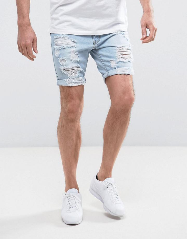 Liquor & Poker Relaxed Denim Short Rips Light Wash - Blue