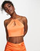 Peppermayo Satin Keyhole Detail Halterneck Crop Top In Orange - Part Of A Set