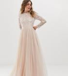 Needle & Thread Embellished Long Sleeve Maxi Dress With Tulle Skirt In Rose Quartz-pink