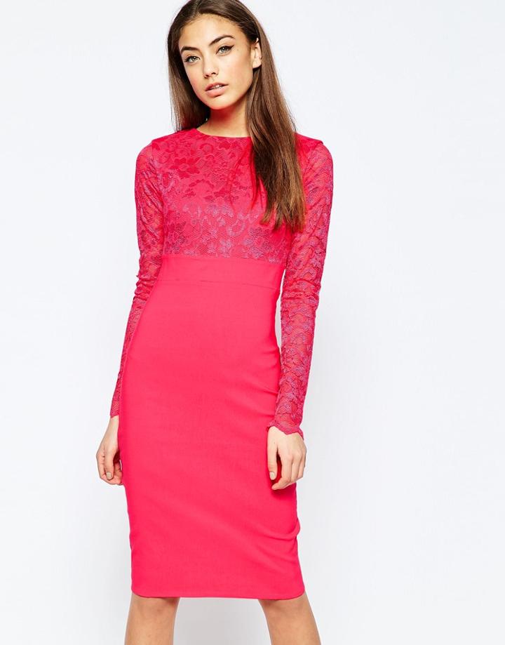 City Goddess Long Sleeve Midi Dress With Lace Sleeves - Pink