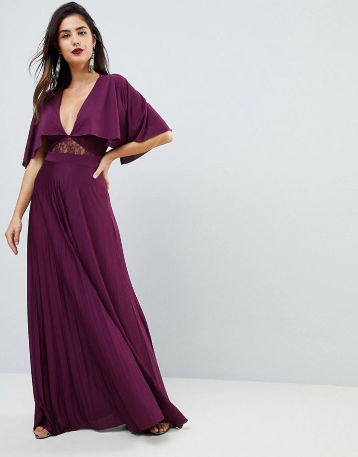 Asos Cape Pleated Lace Insert Maxi Dress - Red