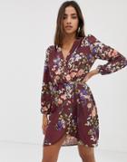 Love Long Sleeve Floral Wrap Dress-red