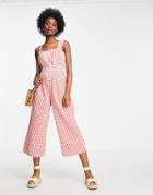 Monki Timmy Jumpsuit With Ruffle Straps In Red Gingham Print
