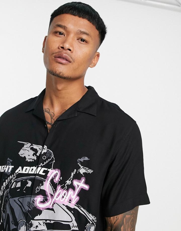 Night Addict Logo Printed Cuban Collar Short Sleeve Shirt In Black
