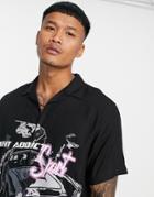 Night Addict Logo Printed Cuban Collar Short Sleeve Shirt In Black