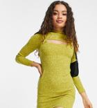 Asos Design Petite Long Sleeve Mini Dress With Cut Out In Lime Space Dye-green