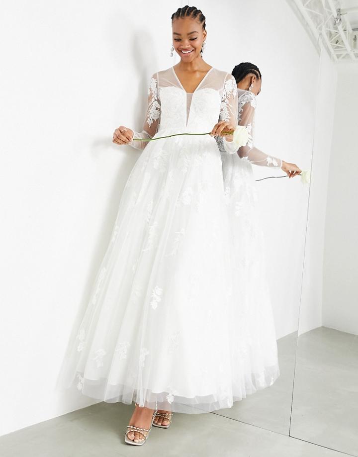Asos Edition Aurora Long Sleeve Embroidered Plunge Dress-white