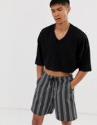 Asos Design Oversized Cropped T-shirt With V Neck In Black - Black