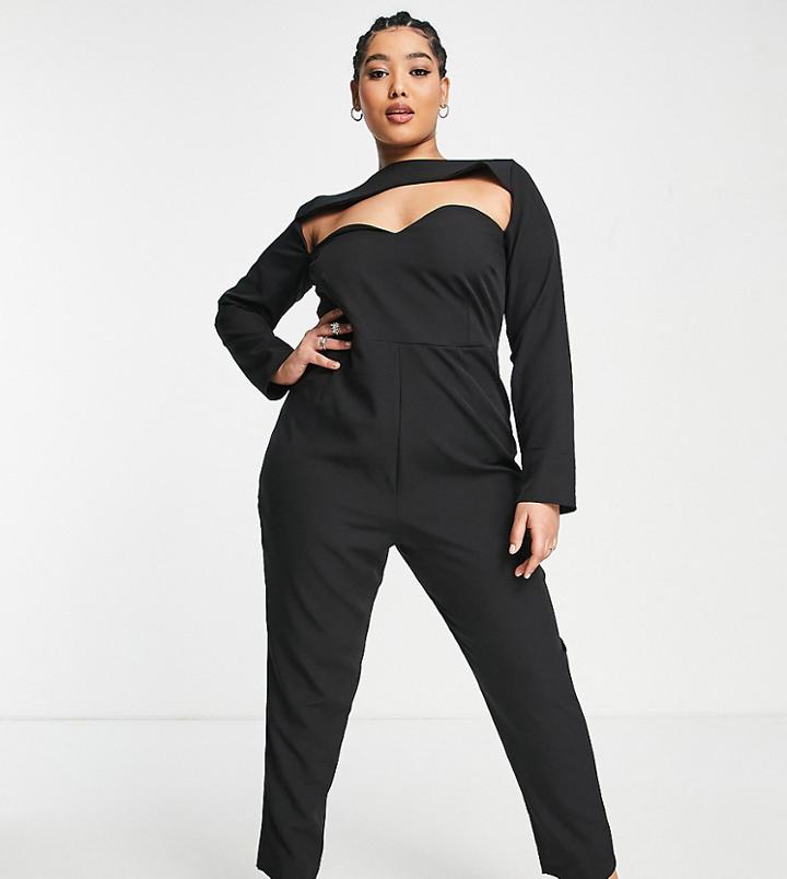 Vesper Plus Square Neck Cut Out Bust Detail Jumpsuit In Black