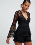 Asos Design Lace Romper With Ruffle Tiers And Fluted Sleeve-black