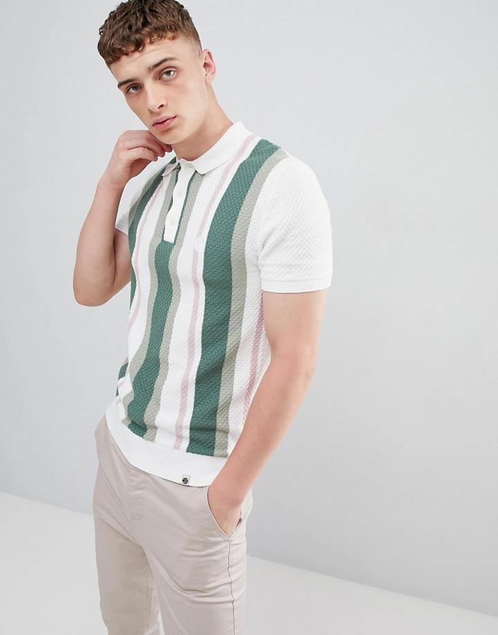 Pretty Green Knitted Stripe Polo Shirt In White - White