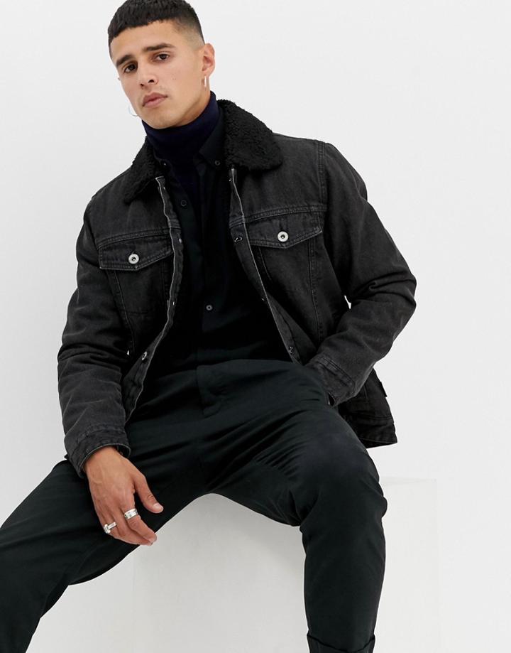 D-struct Fleece Lined Denim Trucker Jacket - Black