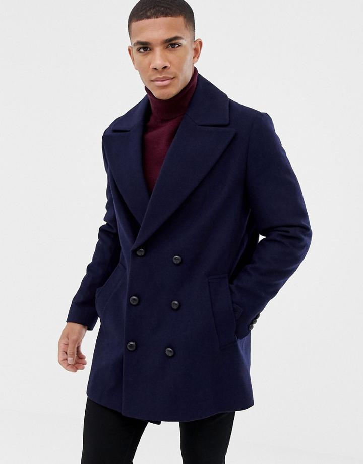 Asos Design Wool Mix Double Breasted Jacket In Navy - Navy