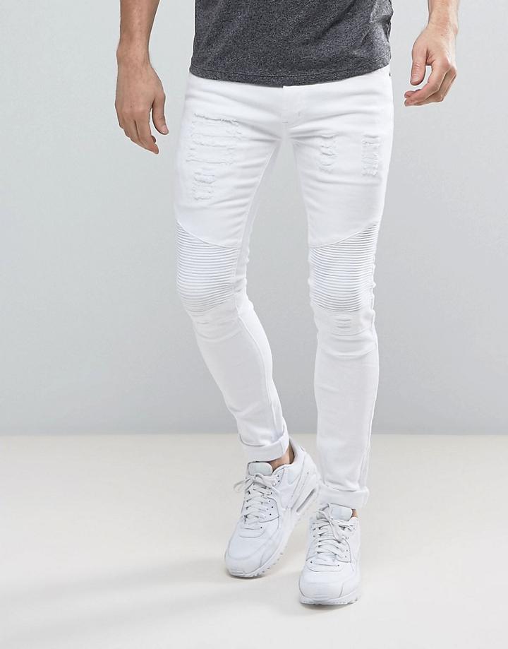 Soul Star Skinny Rip And Repair Biker Jeans - White