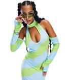 Asyou Festival Cut Out Halter Dress In Blue And Green Stripe