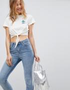 Asos Crop Tie Front T-shirt With Cute Floral Embroidery Badge - Cream