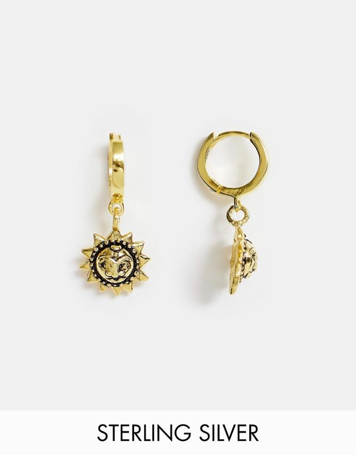 Asos Design Sterling Silver Hoop With Sun Motif In Gold Plate - Gold