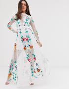 Frock And Frill Allover Floral Embroidered Prairie Maxi Dress In White - White