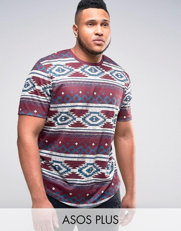 Asos Plus Longline T-shirt In Linen Look With All Over Geo-tribal Prin