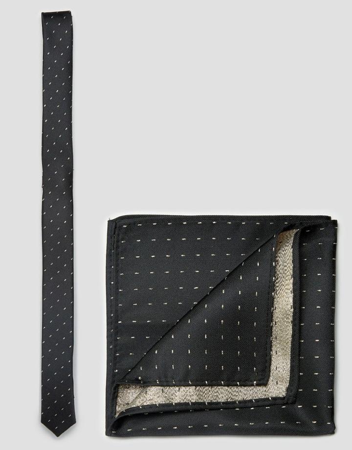 Asos Skinny Tie And Pocket Square Pack With Gold Metallic Design - Gol