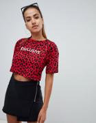 Prettylittlething Exclusive Slogan T-shirt In Red Leopard - Red
