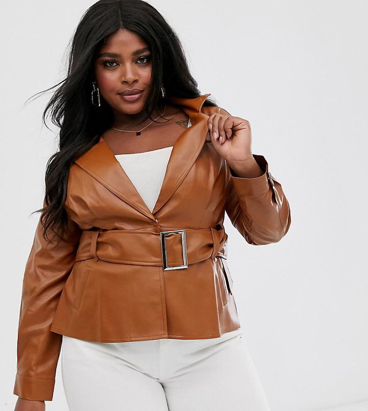 Skylar Rose Plus Belted Blazer Jacket In Faux Leather