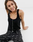 Na-kd Ribbed Tank Top With Button Detail In Black - Black