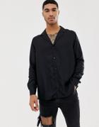 Asos Design Oversized Viscose Shirt With Deep V Neck In Black - Black